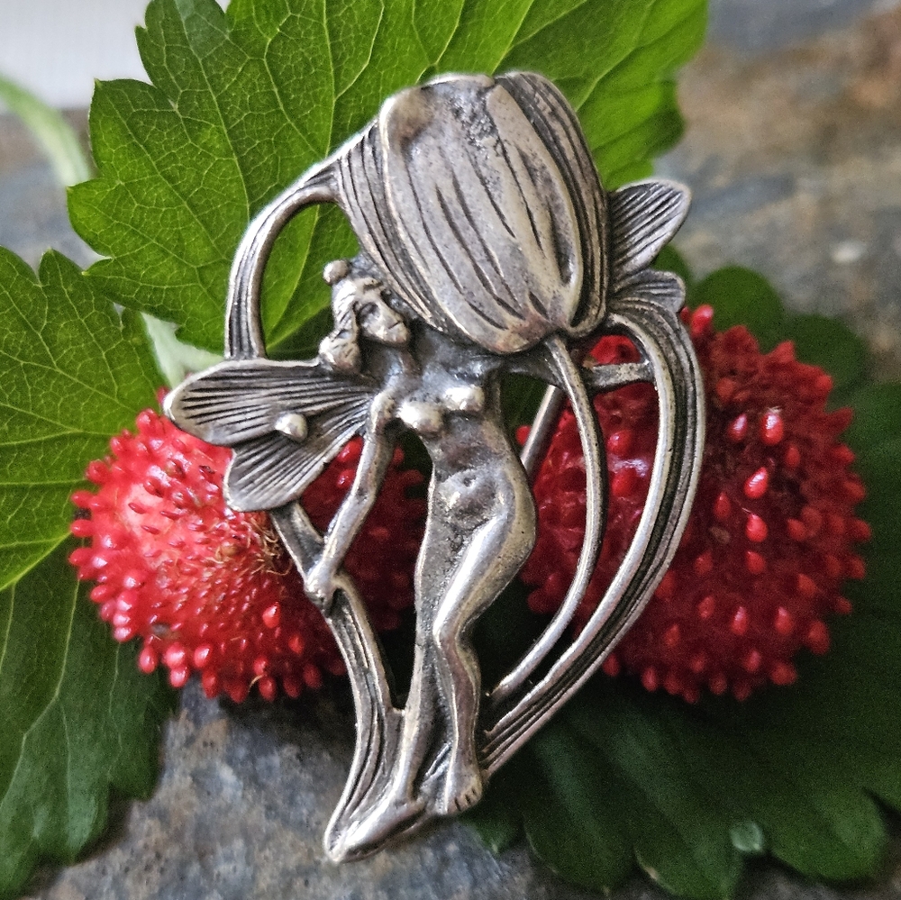Vintage Art Nouveau Sterling Silver Fairy Brooch